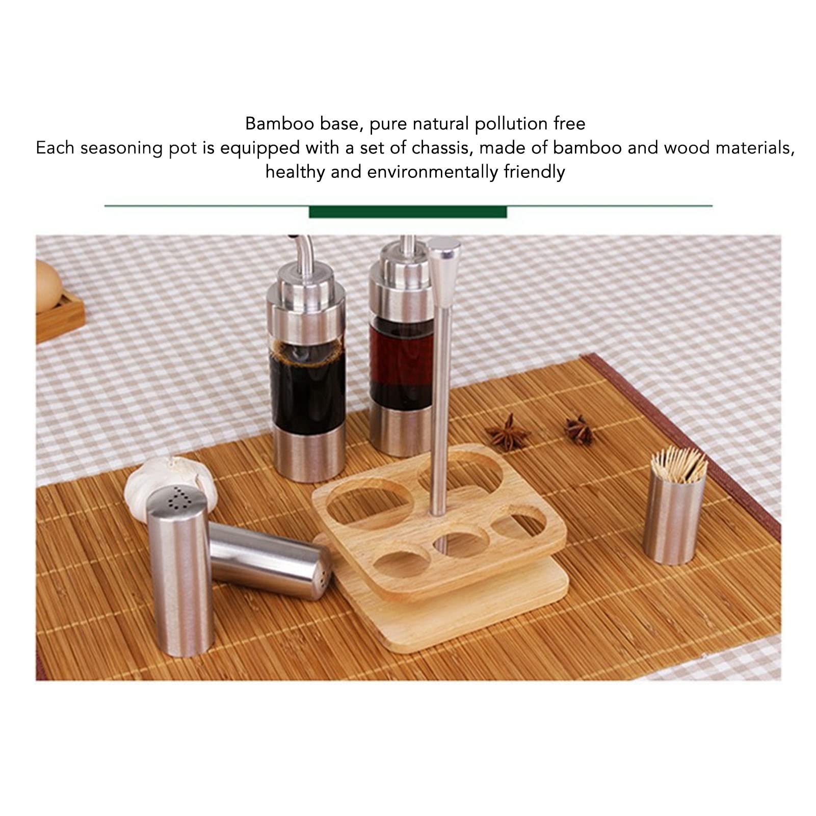 Set Dosificador de Aceite Y Vinagre, Juego de Vinagrera de Acero Inoxidable Y Vidrio de 6 Piezas que Incluye Botella de Vinagrera de Aceite, Salero Y Pimentero Y Estante de Madera para Cocina, Mesa