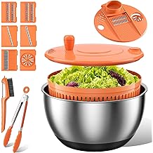 EMOJOY Stainless Steel Salad Spinner Large, 3-in-1 Vegetable Wash Bowl, Salad Bowl &amp; Lettuce Spinner, Fruit Cleaner with Non-Slip Base, Dishwasher Safe, 5 Blade Slicer &amp; Egg Yolk Separator, 4.25Qt