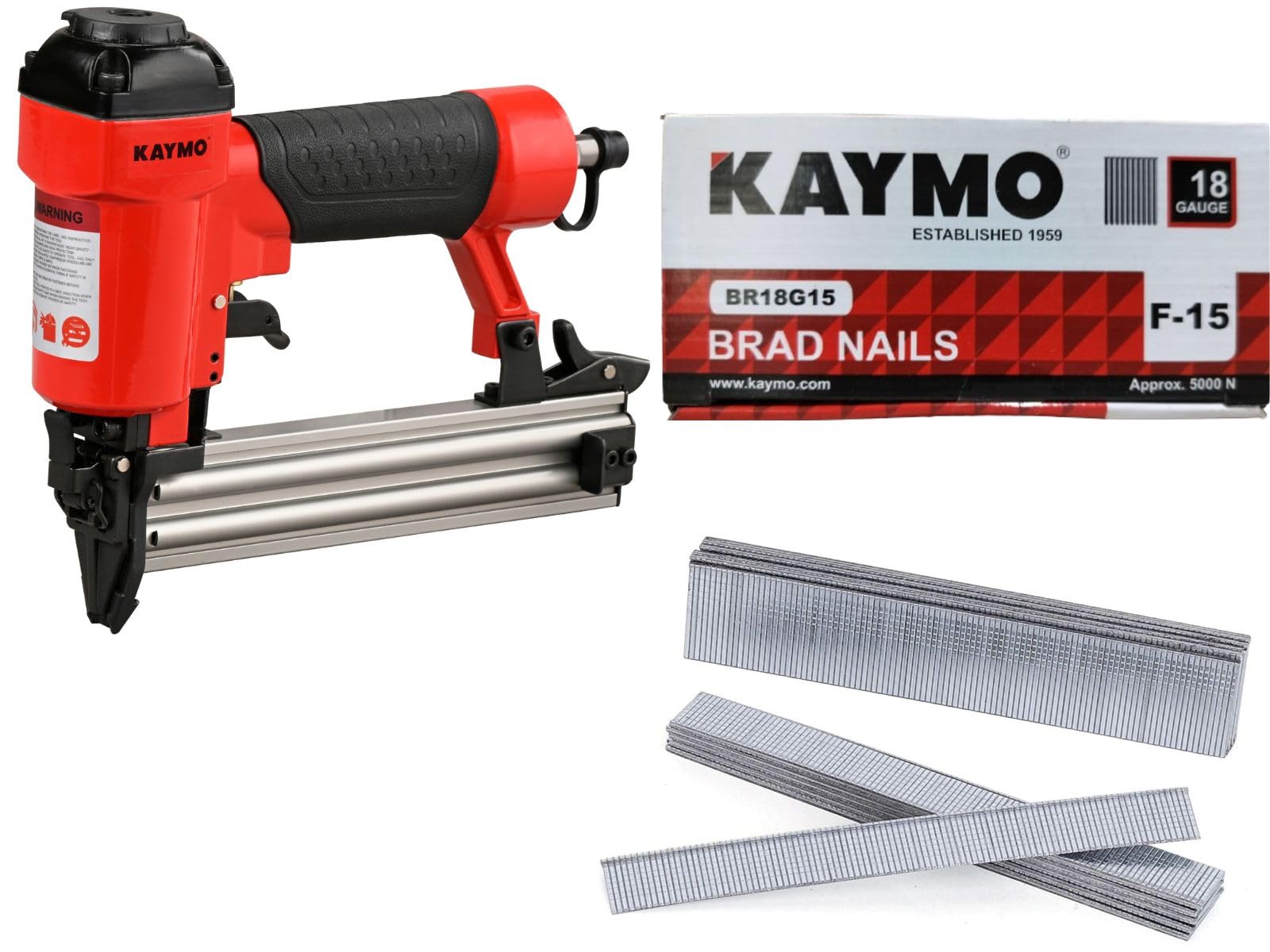 Kaymo NEO-F32 Pneumatic Brad Nailer + F-15 (1 Pack - 10,000 Brad Nails) | 18 Gauge | 1.20 Kg Lightweight Tool | 360° Air Exhaust | Full Metal Trigger | Wide Safety Device | Compact Design | 60-95 PSI
