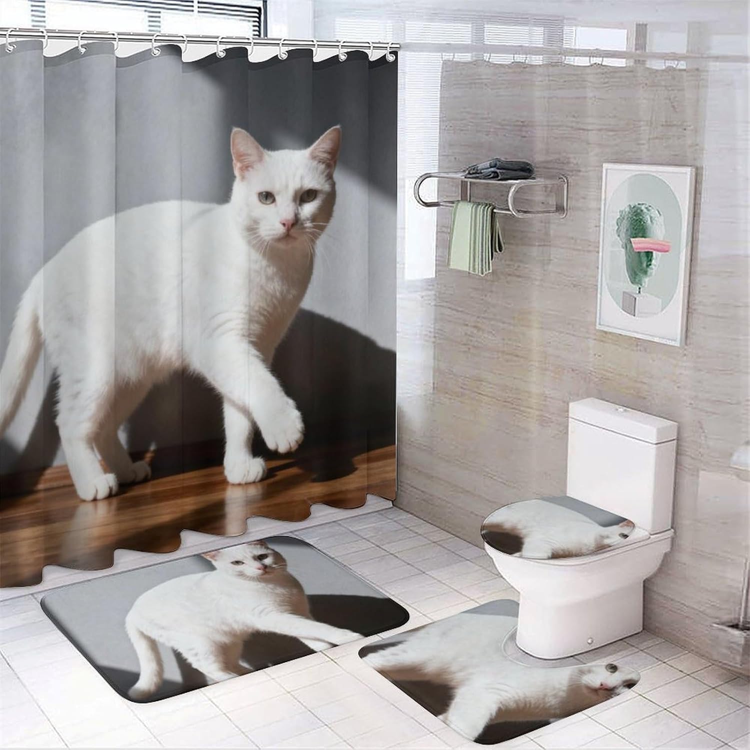 4 Piece Bathroom Rug Set with Shower Curtain, Non-Slip Bath Mat Toilet Cover Set, Close White Cat Bathroom Rug Sets