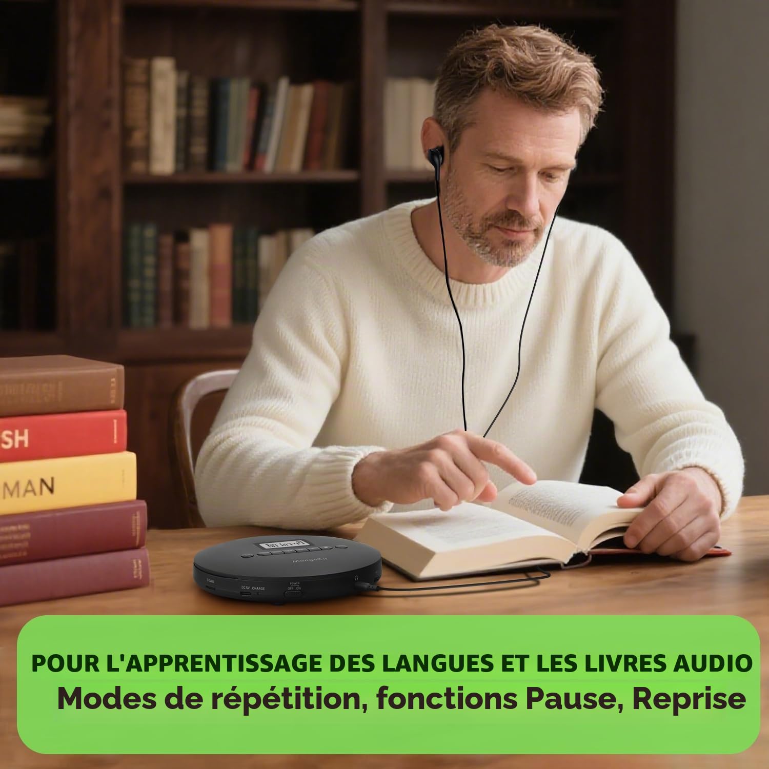 Lecteur CD portable MangoKit CD-X pour voiture avec Bluetooth 5.3, lecture MP3, écouteurs : lecteur CD personnel avec fonction antidérapante, batterie rechargeable