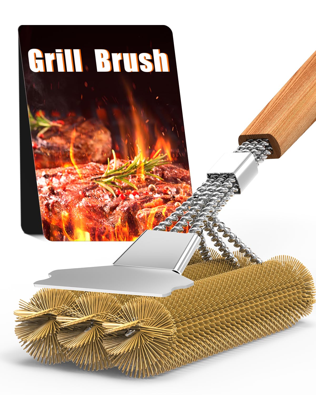 Grillbürste Messing, Grill Reinigungsbürste Edelstahl Schaber, dichte Edelstahlborsten, 39cm Extra Langer Holzgriff, für Gasgrill, Holzkohlegrill, Kugelgrill, Elektrogril und Grillrost.