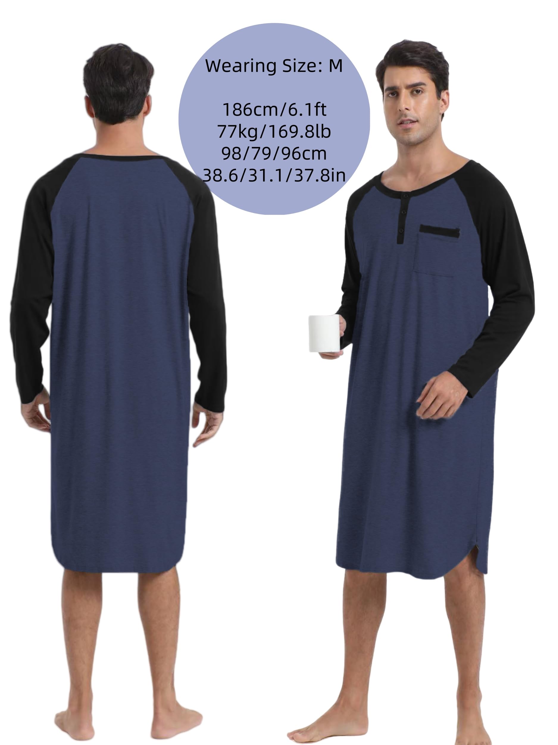 Enjoyoself Herren Nachthemd Langarm Baumwolle Langes Schlafshirt Leicht Luftig Pyjamaoberteil Nachtwäsche für Krankenhaus