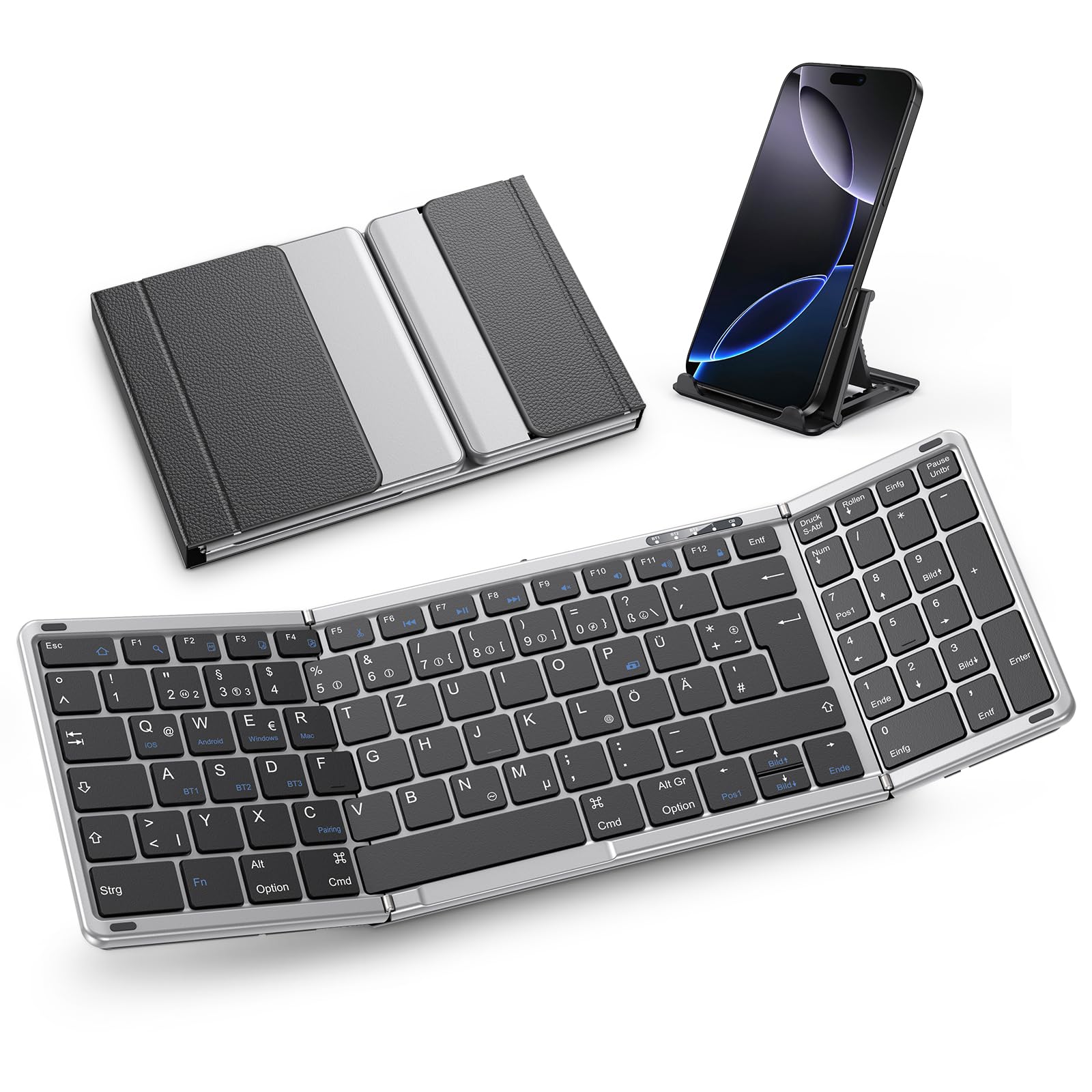 OMOTON Teclado Bluetooth plegable con teclado numérico, teclado inalámbrico QWERTY recargable, tamaño completo, teclado plegable con 3 canales para iOS/Android/Windows/Mac, gris espacial negro