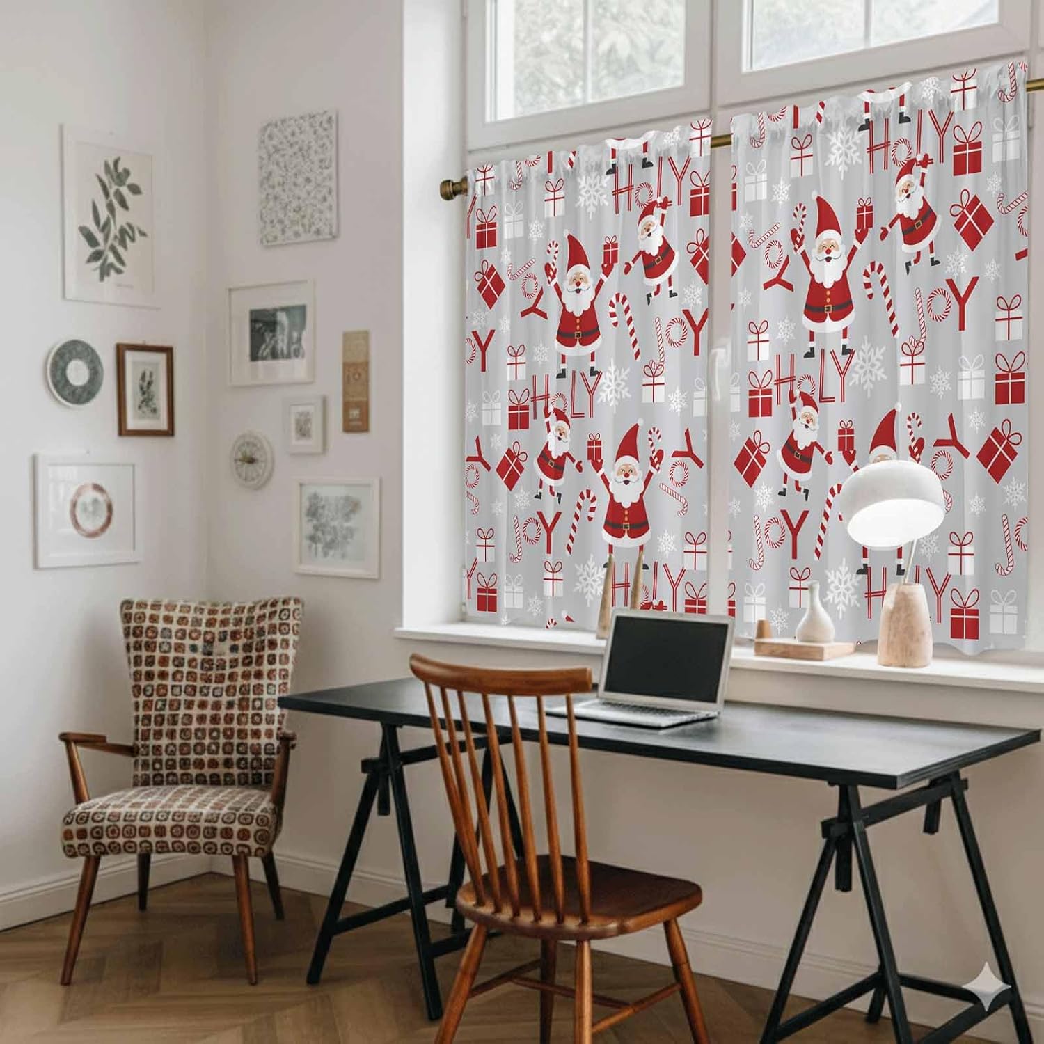 Christmas Santa Claus Kitchen Curtains 45 Inch Long 2 Panel Set, Rod Pocket Window Treatment, Joy Xmas Snowflake New Year Light Filtering Panels Short Drapes for Bathroom Camper 42"W x 45"L