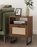 Masupu Rattan Nightstand,Modern Boho Night Stand Wood Side Table with Storage Drawer and Open Shelf,Small Bedide End Table for Bedroom,Living Room,Office,Walnut Brown