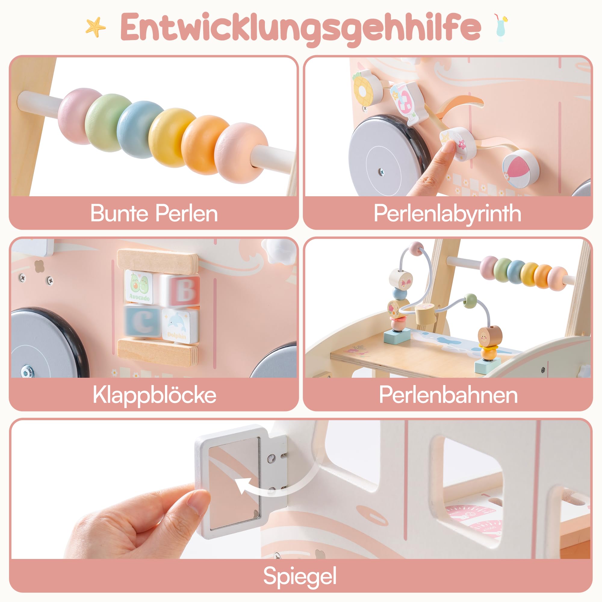 ROBUD Baby Lauflernhilfe Holz, Interaktiver Lauflernwagen, Einstellbare Geschwindigkeit & Höhe Baby Walker, Motorikspielzeug Geschenk für Kleinkinder ab 10 Monaten-1-2 Jahren (Rosa)