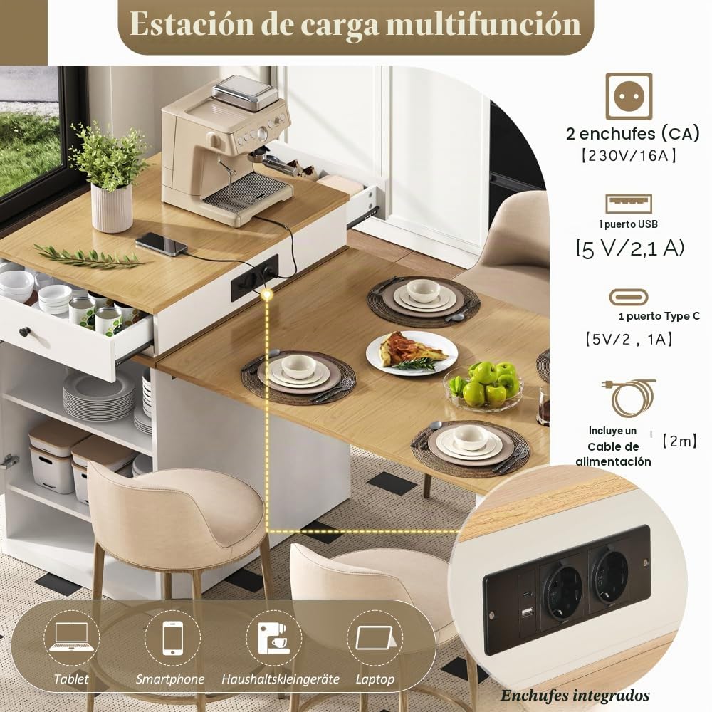 Mueble isla de cocina 71(151) x80x92 cm, mesa de comedor extensible con tablero extraíble, mesa de bar con enchufe múltiple, isla cocina sobre ruedas para comedor (A-blanco + natural)
