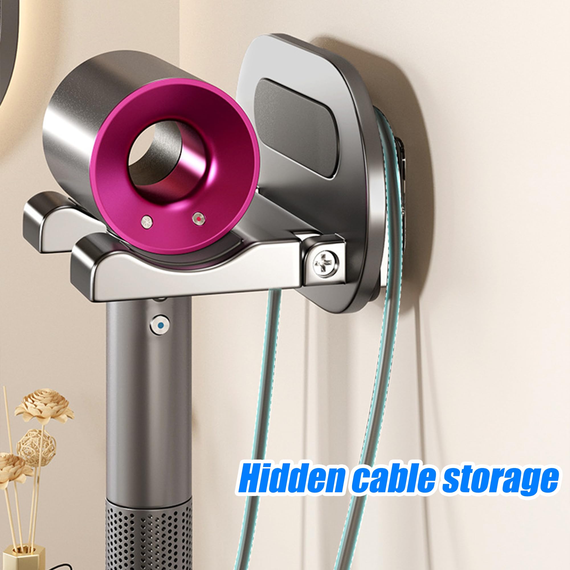 Soporte Secador de Pelo de Aluminio Veki, Porta Secador Sin Taladrar, Montaje en Pared, Colgador para Baño (Gris)