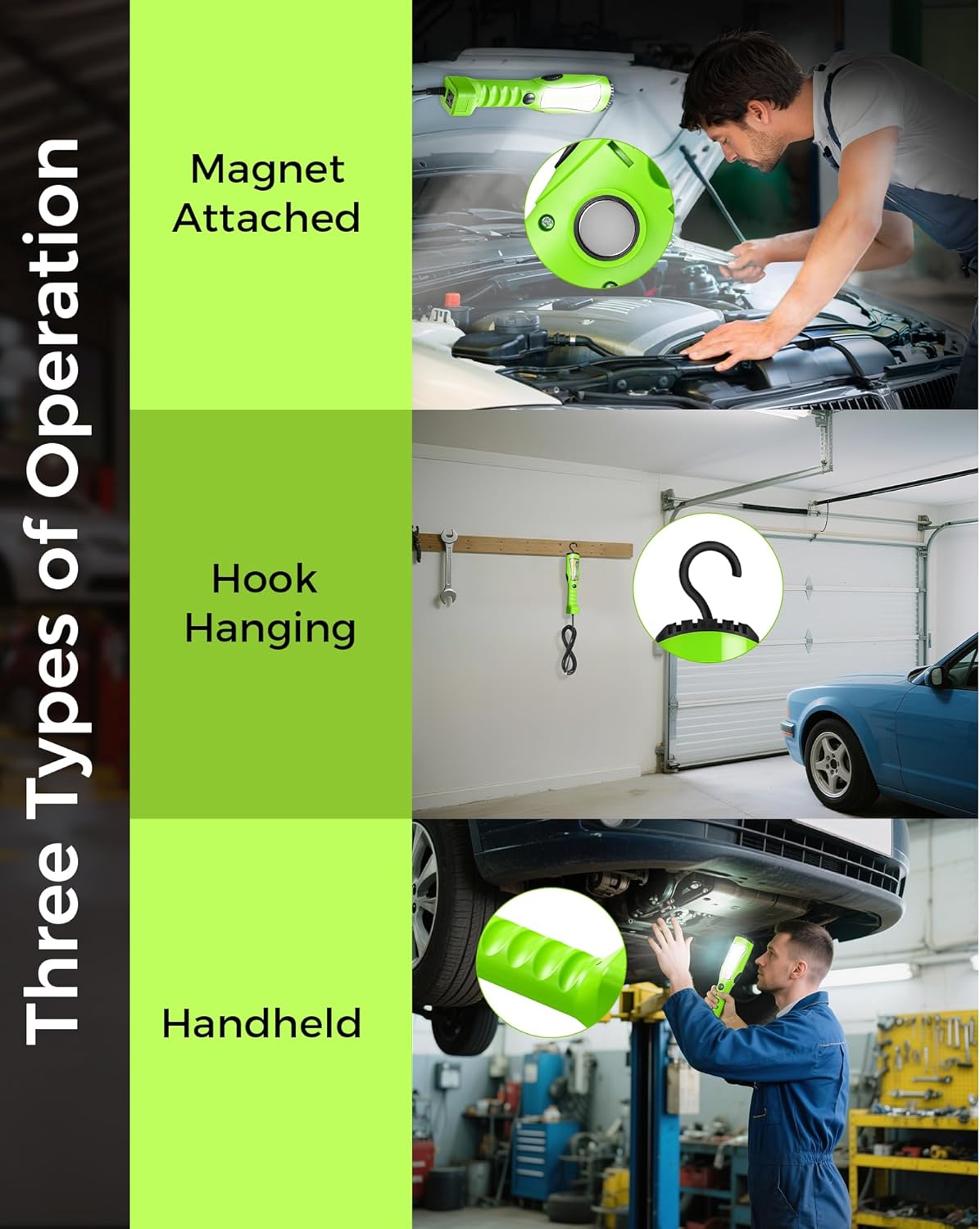18W LED Work Light, 15FT 2000LM COB LED Light, Handheld Underhood Trouble Light with Cord 16 Gauge SJTW, Swivel Hook, for Garage, Workshop, Car Repair Scene, ETL Listed, Green J03WL06