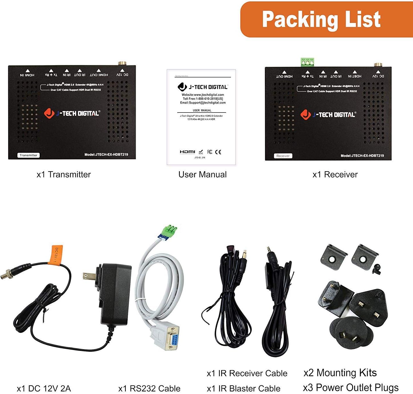 J-Tech Digital HDBaseT 4K@60HZ HDMI Extender 4K@60HZ 4:4:4, HDMI 2.0 Over Single Cable CAT5e/6A up to 230ft (1080P) 131ft(4K) Supports HDMI 2.0 18Gbps, HDR, HDCP 2.2, RS232, Bi-Directional IR
