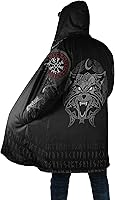 Vista 2 de Vikings - Abrigos con capucha, estampado nórdico de lana de cordero artificial, chaqueta de parka de longitud media para hombre