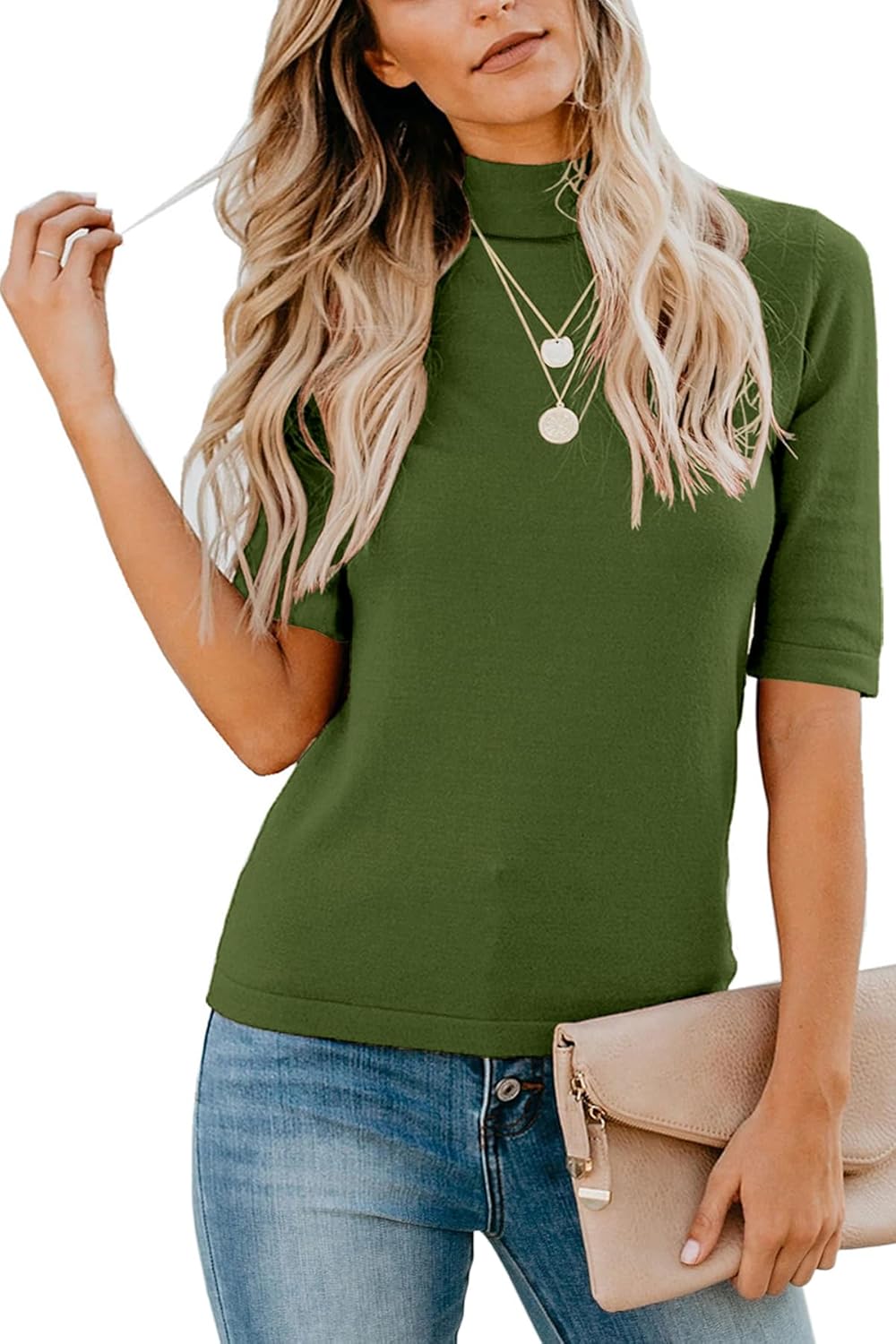 LETSRUNWILD Mock Turtleneck Cute Dressy Tops for Women Casual Fall Business Tshirts Shirts Le / Green Medium