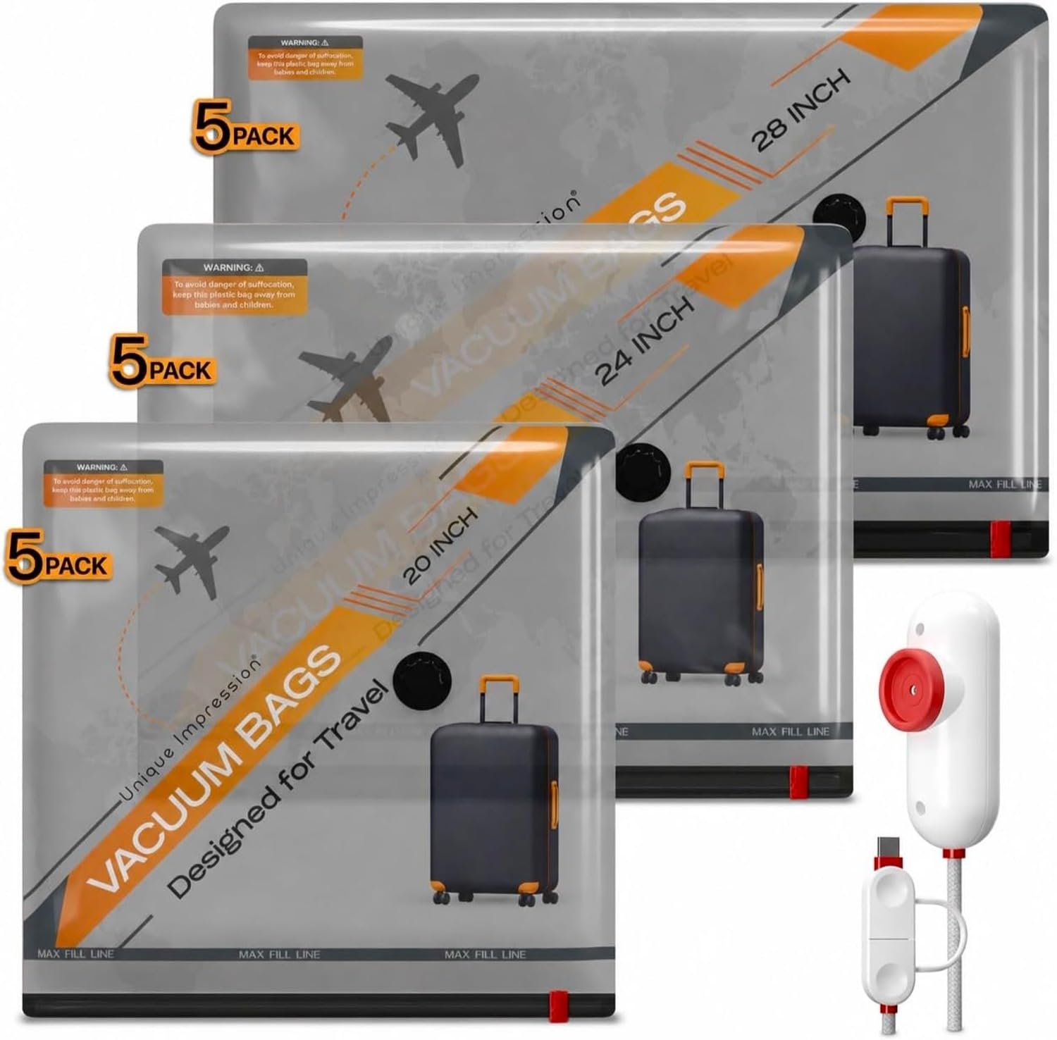 15 Pack Reusable Vacuum Storage Bags for Travel with USB Pump - Airline Approved Space Saving Compression Bags for Clothes - Luggage Organiser Set for Suitcases, Holidays and Business Trips