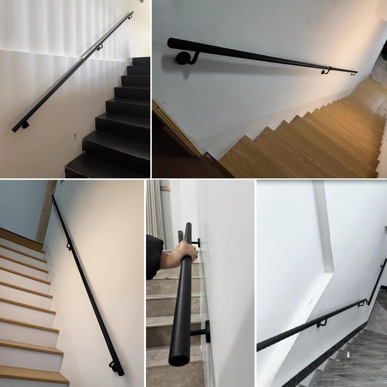 Schwarzes Treppengeländer, Wandmontage, dekorativer Schmiedeeiserner Sicherheitsbügel mit Wandhalterungen und Metallschrauben (250 cm)
