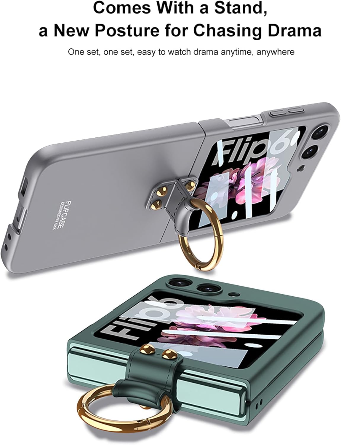 SHIEID Z Flip 6 Case with Ring Protective Cover for Samsung Z Flip 6 Phone Case with Built-in Front Screen Protector Slim Shockproof Full Body Protective Galaxy Z Flip6 Cover, Temperament Silver