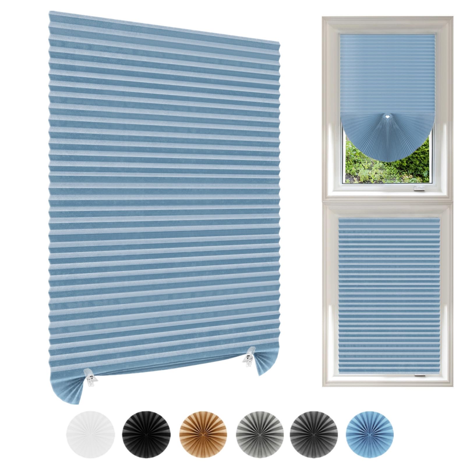 Temporary Blinds Stick On Cut to Size Non-woven Fabric No Drill Self Adhesive Pleated Paper Window Shades for Bedroom Kitchen Bathroom Windows Patio French Doors (2, Blue, WxH 90x180cm)