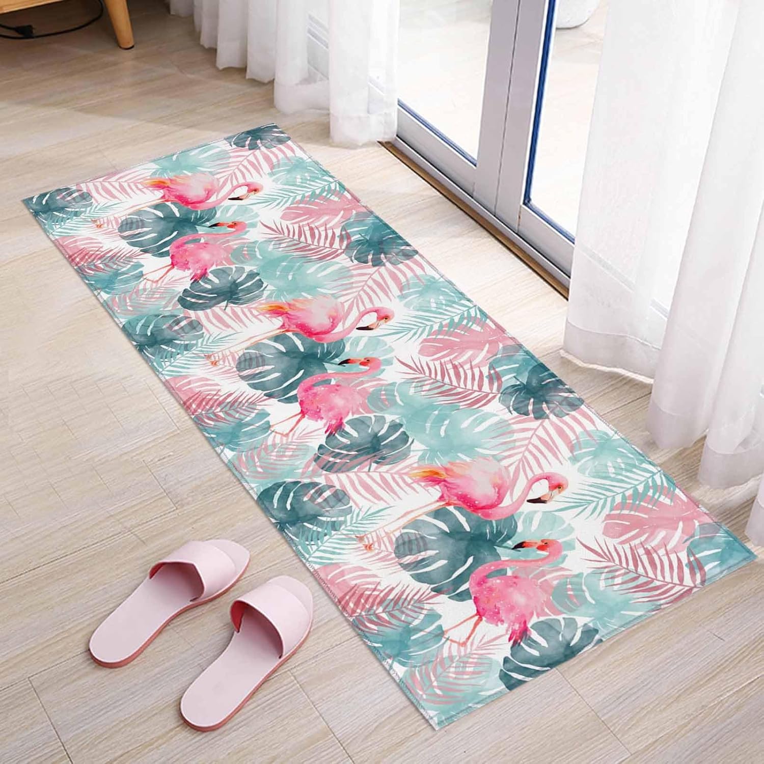 Kitchen Mats for Floor Summer Flamingos Monstera Leaves Washable Non Slip Kitchen Rugs 1PCS, Tropical Animal Colorful Leaf Absorbent Standing Mats for Sink Bathroom Office Living Room 23.6x70.9in