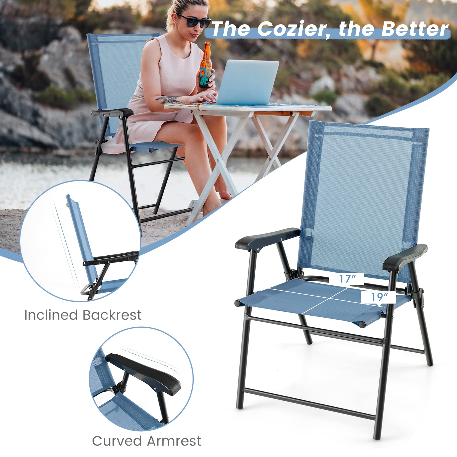 KOMFOTTEU Set di 2 sedie pieghevoli da balcone, portatili, da giardino con schienale, per terrazze, resistenti alle intemperie, pieghevoli, per giardino, balcone, terrazza (blu)