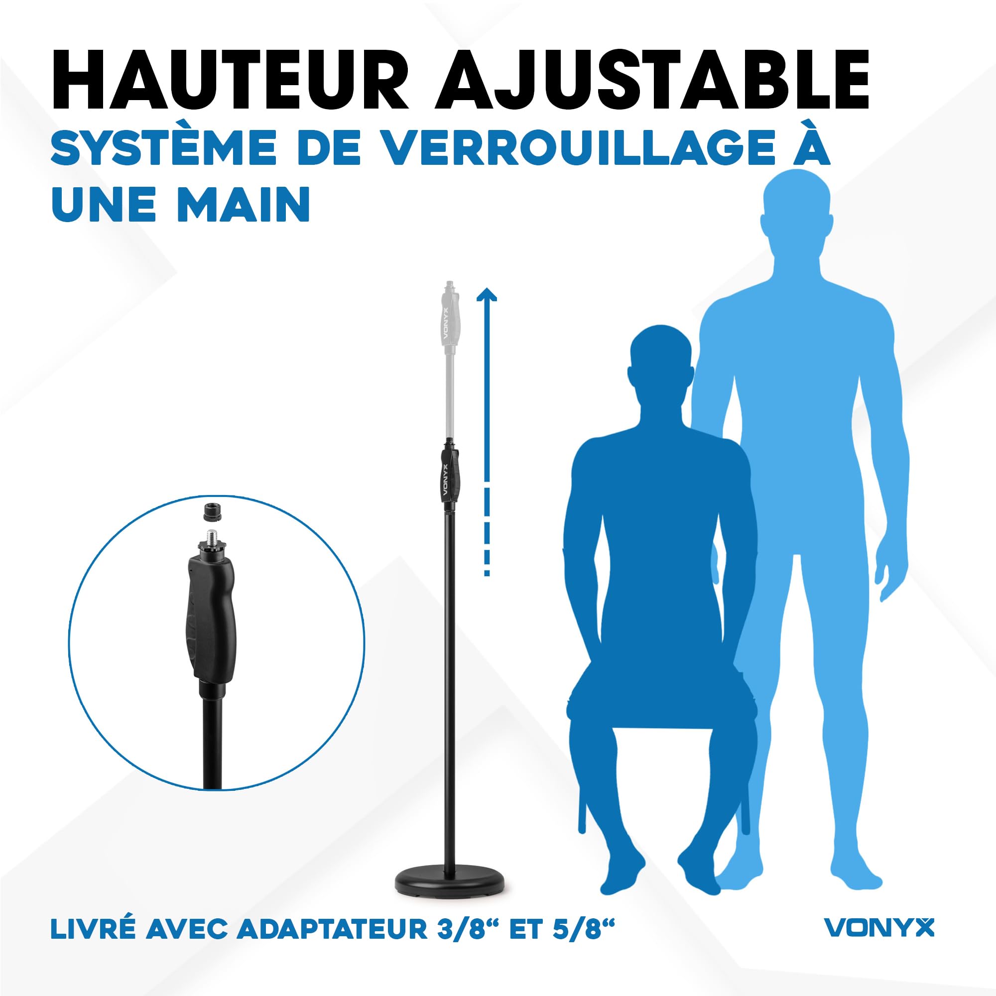 Vonyx MS110 Pied de Micro Réglable Hauteur 108-174cm Base Fonte