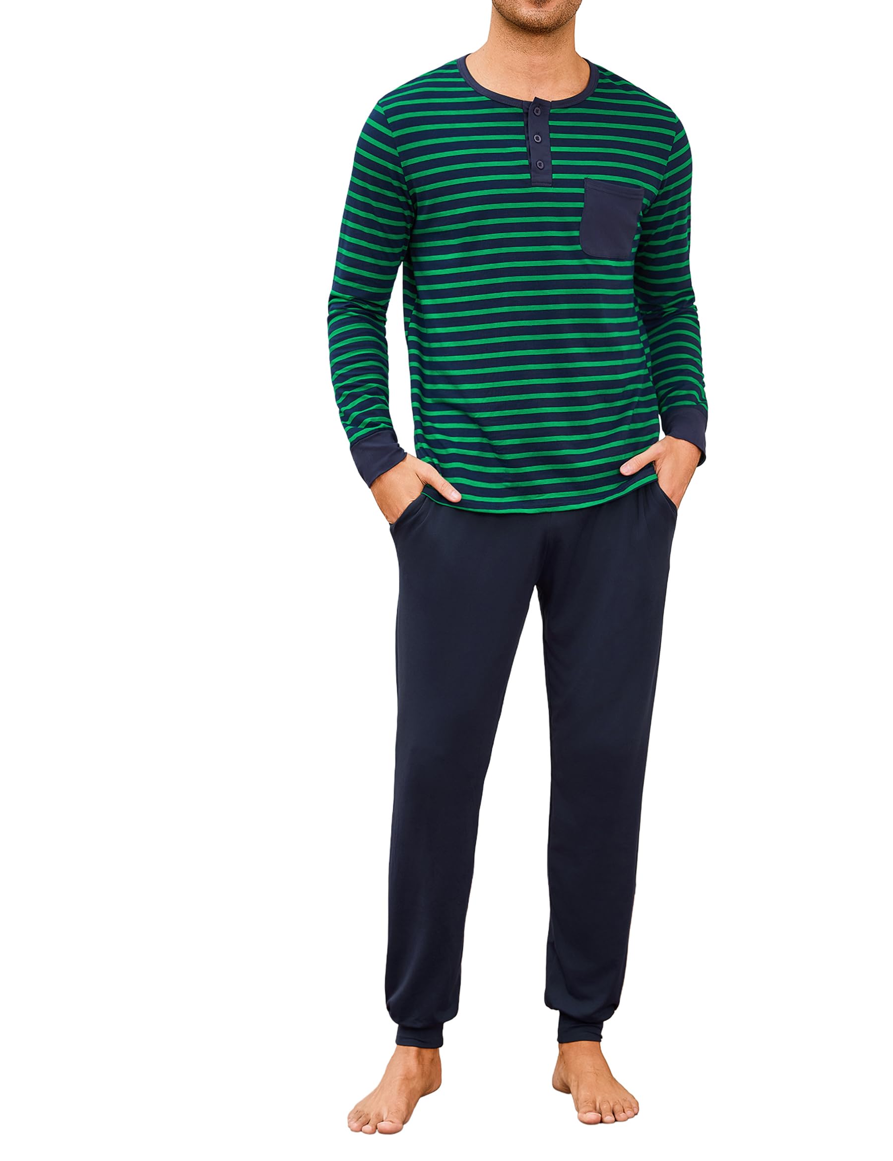 leversic Two-piece pyjama set, men's long crew neck, cotton, fashionable colour block stripe design, men's long pyjamas with pocket-picture-30