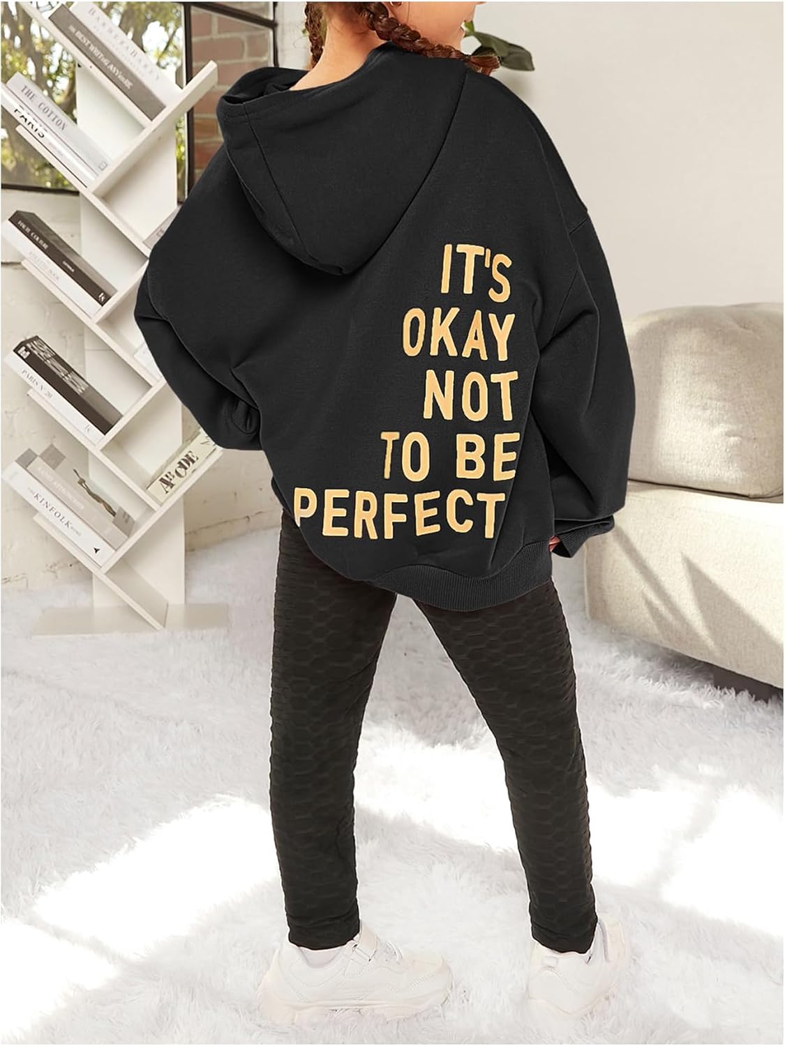 SweatyRocks Girl's Letter Print Hooded Sweatshirt Long Sleeve Oversized Pullover Tops - Image 5