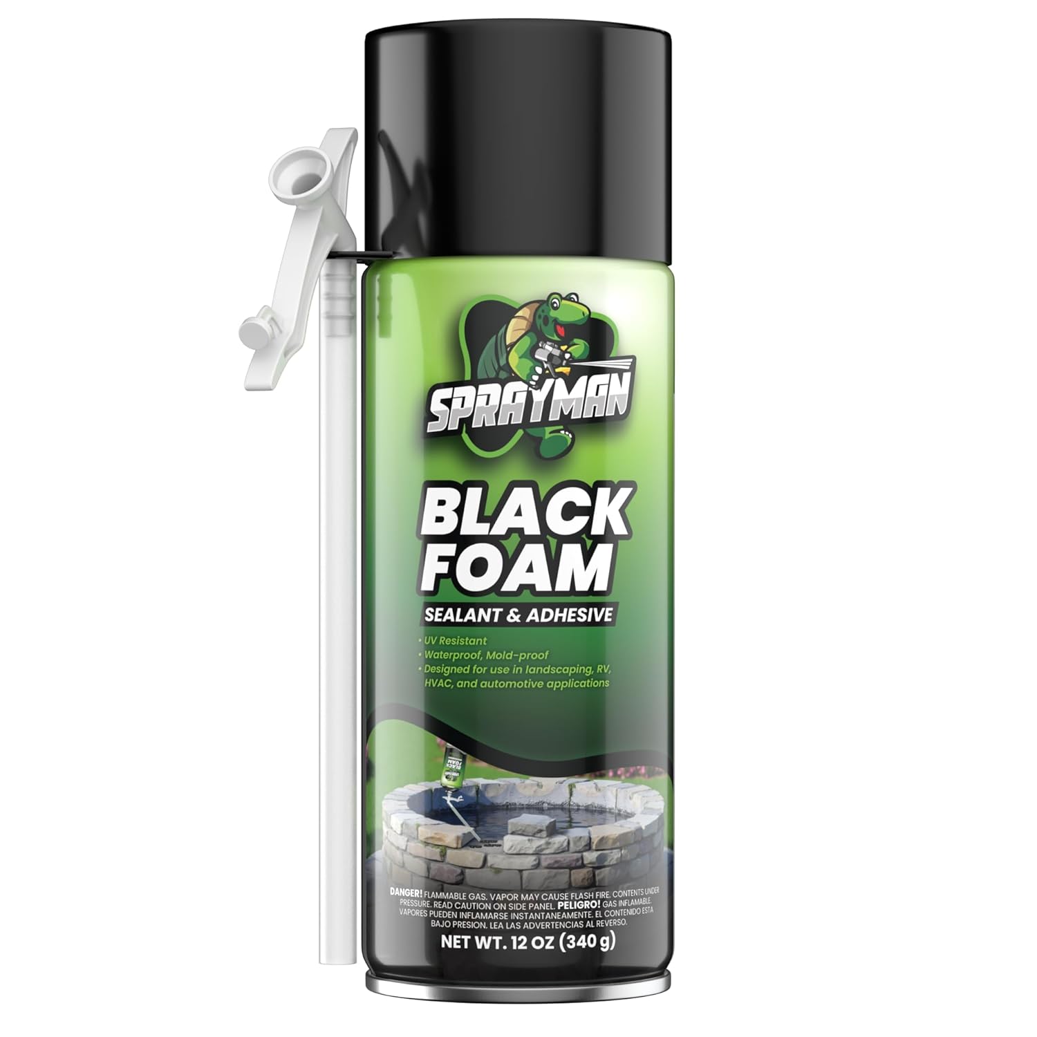Sprayman Black Waterfall Foam Sealant - (12x12oz) Expanding Polyurethane Pond Foam Sealer, UV Resistant, Water Proof Spray for Landscape & Exterior, Straw Use, 12 Pack