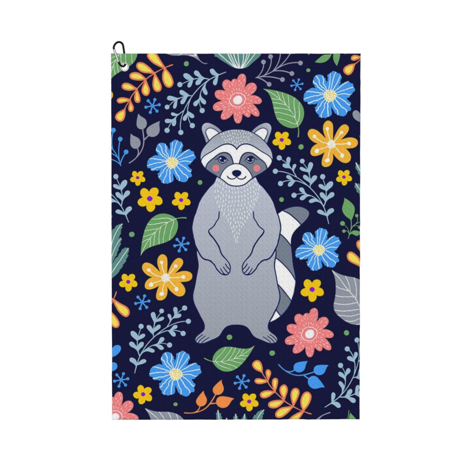Hnnkloy Raccoon And Tropical Flowers, 16x24 in Portable Waffle Golf Towels with Carabiner Clip for Golf Bag