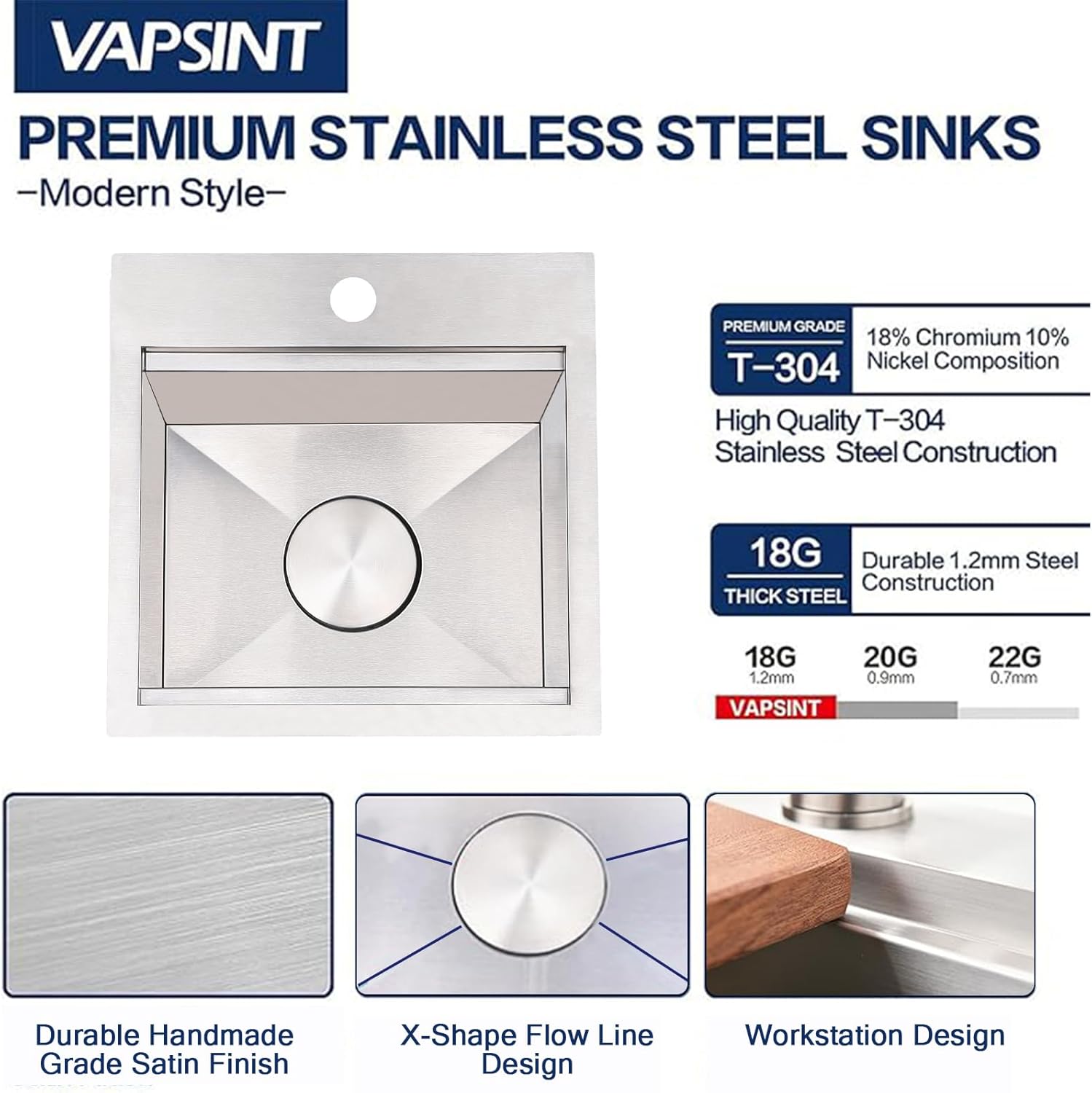 VAPSINT 15x15 Drop in Bar Sink Workstation, 15 Inch Topmount Stainless Steel Small Bar Sink, 16 Gauge Handmade Single Bowl Small Kitchen Sink for RV Outdoor Prep with Accessories