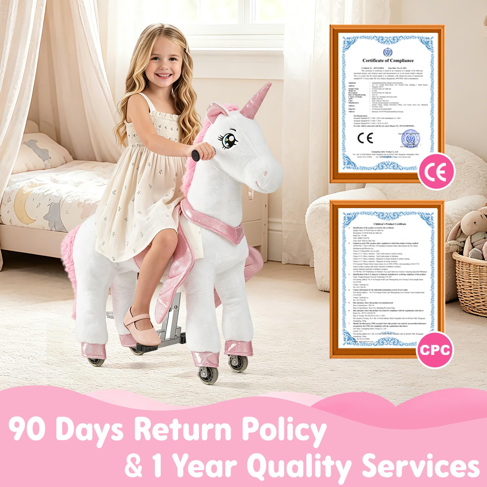 FUNLIO Unicornio Montable para Niños 3–6 Años, Juguete Montable de Peluche con Ruedas para Juego Interior y Exterior, Fácil de Montar, Certificado CPC & CE – Pequeño