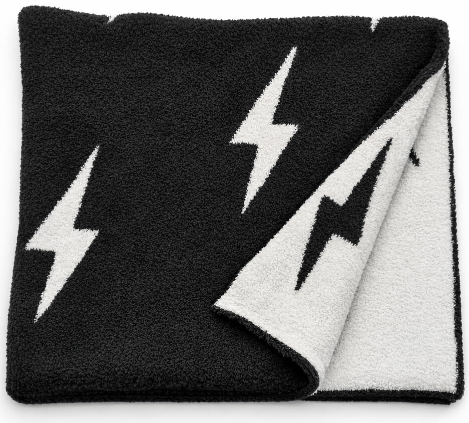 Image of L+L USA Lightning Bolt Baby Blanket 28"x40" - DreamSoft Knit Throw for Crib, Stroller or Car Seat - Soft Blanket/Newborn Nursery Gift Essential for Toddler, Infant, Kids, Boys & Girls (Black/White)