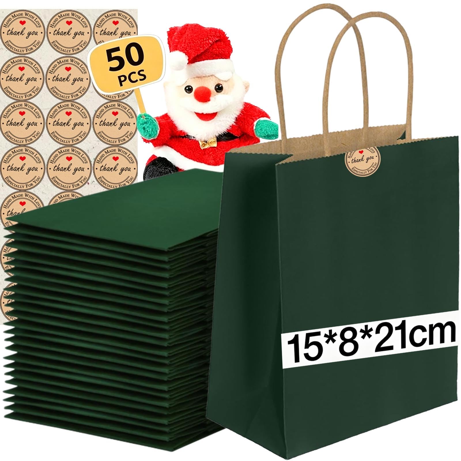 50Pcs Small Paper Bags With Handles, Paper Gift Bags (21x15x8cm), 130GMS Thicken Kraft bags Party Favor Shopping includes lables for Favor Birthday Party Wedding Shopping Retail (50PCS-Dark Green)
