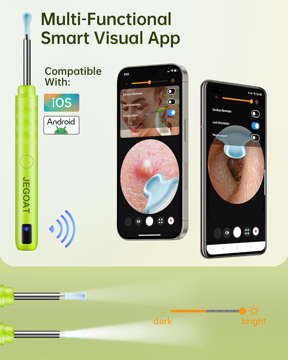 Jegoat Ear Wax Removal, Ear Wax Removal Tool Camera with 1296P HD Camera and 6 LED Lights, Ear Cleaner with 10 Ear Pick, Upgraded Ear Wax Removal Kit for iOS and Android, Light Green