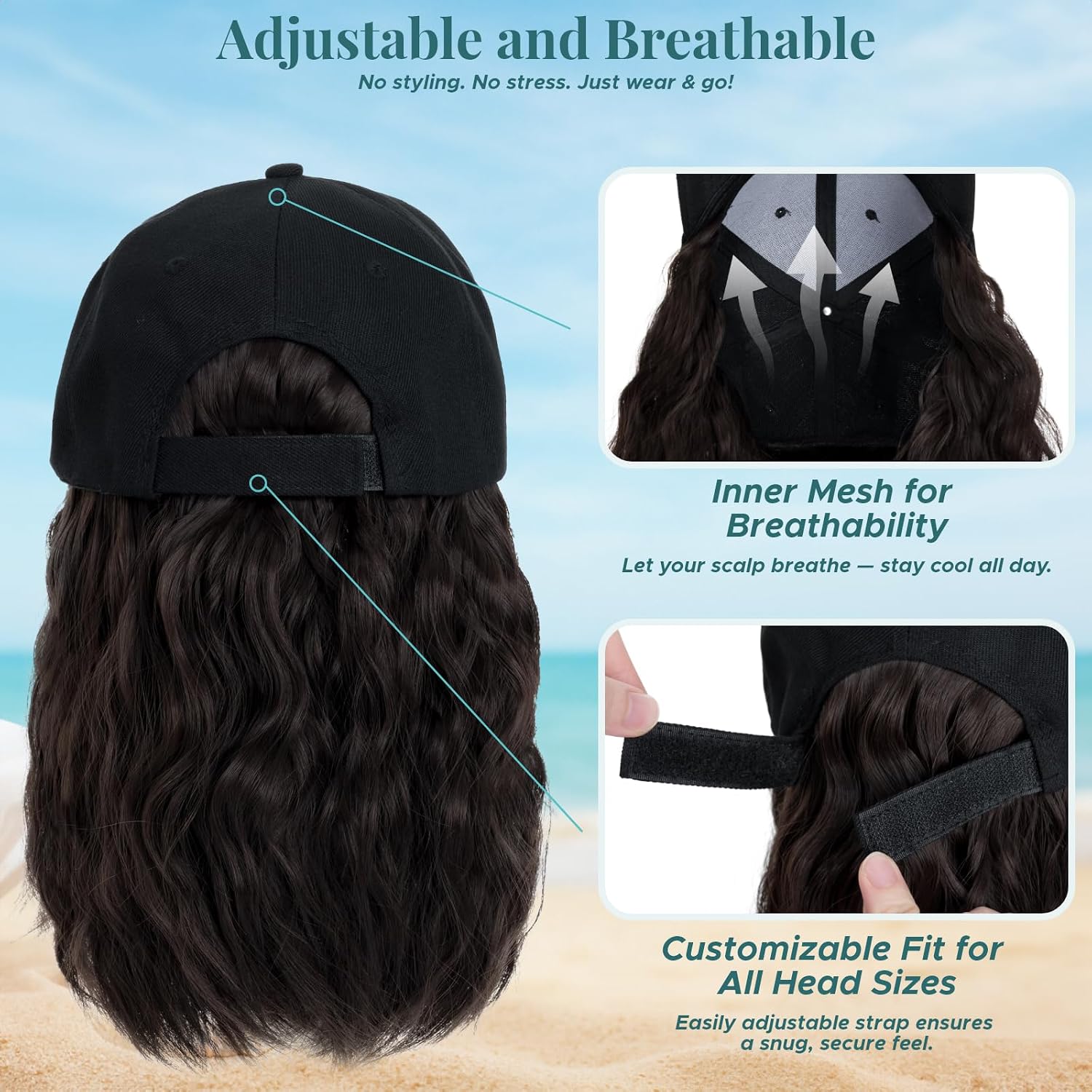 MY-LADY Hat Wig Hat with Hair Attached for Women Baseball Cap with Hair Extensions Adjustable Wavy Synthetic Hairpiece 16" Black Cap to 6A