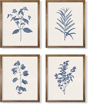 Blue Botanical Sketch Drawing Etching Wall Art - Farmhouse Leaf Poster Kitchen - French Country Minimalist Plant Wall Decor - Beige Neutral Vintage Flower Print Picture - Antique Minimal Blue Floral