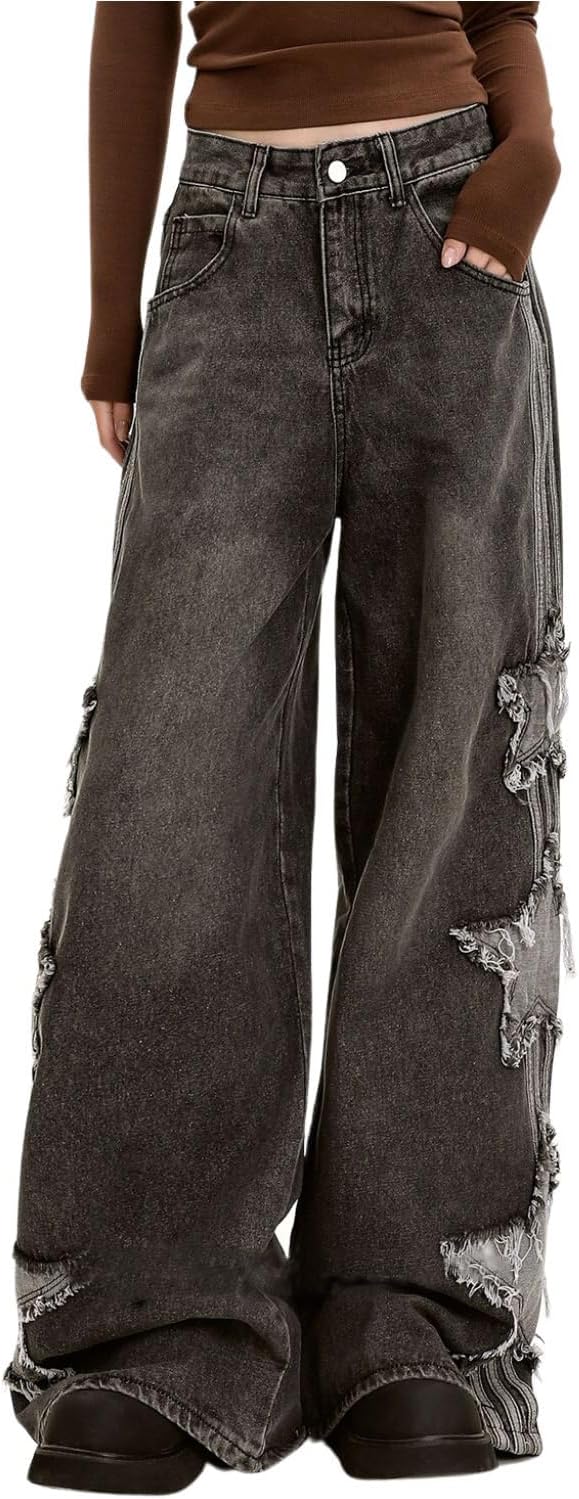 Baggy Jeans for Woman Girls Star Patchwork High Waist Cute Jean Streetwear Loose Pants Grunge Emo Clothing