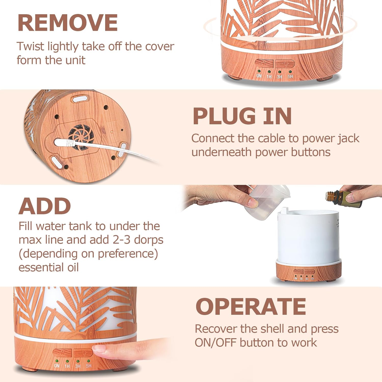 Essential Oil Diffuser Metal Aromatherapy Oil Diffusers for Large Room,Water Plants Pattern Ultrasonic Cool Mist Diffuser with Waterless Auto Shut-Off Protection,for Home Office,300ML - Image 3