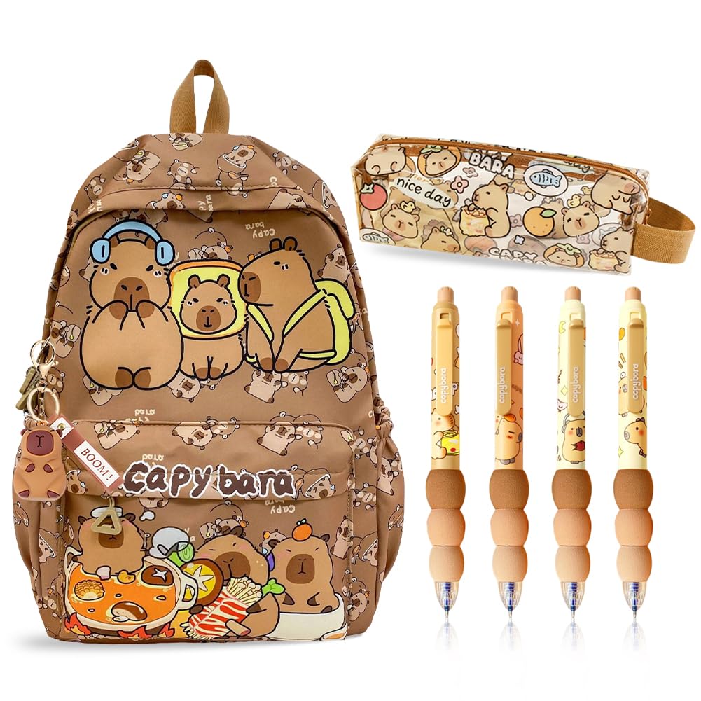 Vexthorion Unisex Kids Brown Capybara Backpack School Bag Set With Stationery, Cartoon Children's Large Capacity Kids Rucksack Animal Bookbag, Kawaii Pencil Case, Kapibara Erasable Pen & Keychain Gift For Girls Boys (A1)