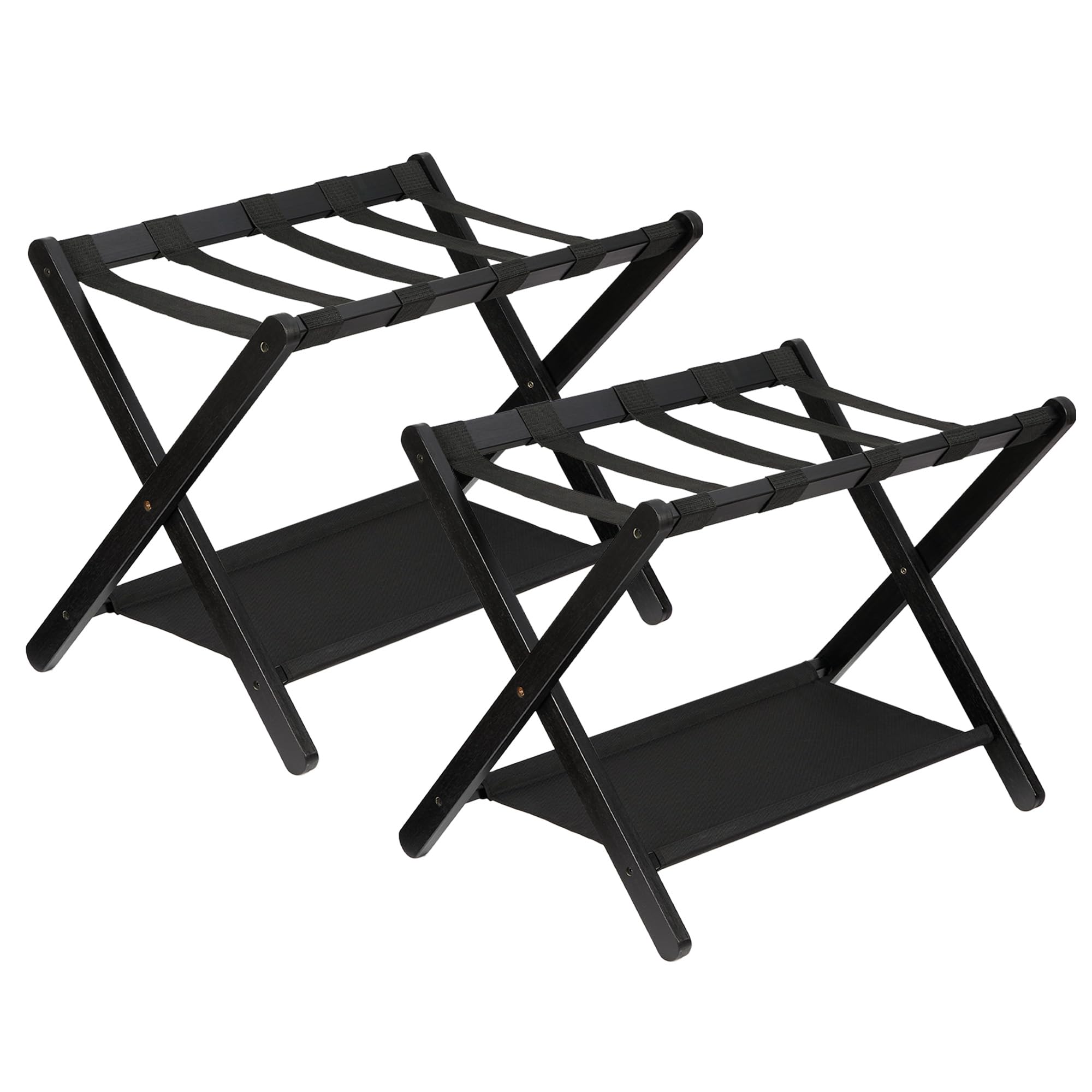 2er-Set Klappbarer Bambus Kofferständer Schwarz mit Canvas-Ablage, Platzsparender Gepäckhalter 67x47x51 cm, 2,8 kg pro Stück ideal für Hotel & Gästezimmer