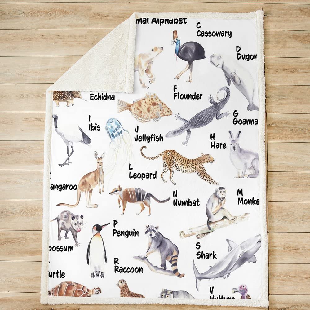 Coperta in pile con coniglietto leopardato carino squalo scimmia Sherpa coperta per bambini ragazzi e ragazze animali ABC coperta fuzzy per divano letto cartone animato 26 lettere, 200 x 200 cm