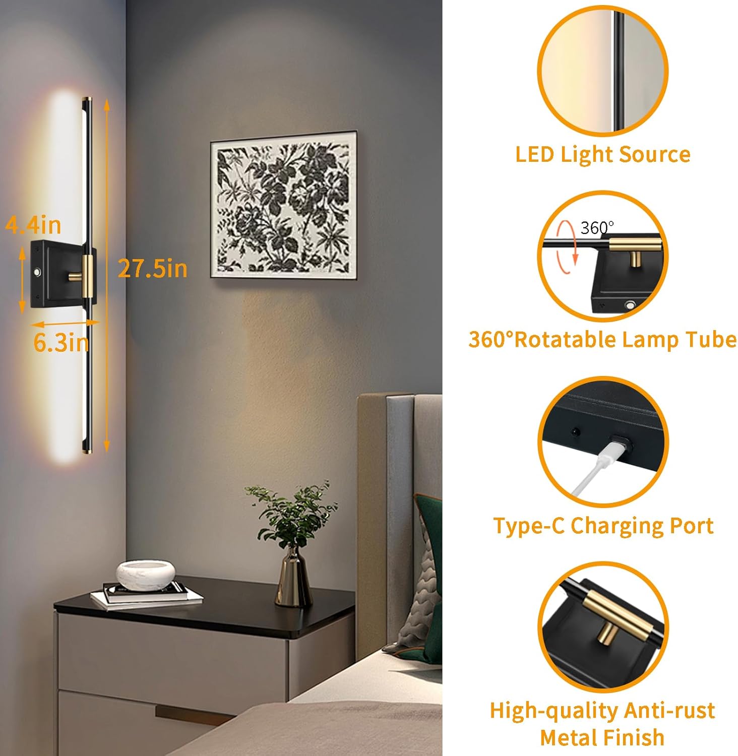 Wall Sconces Set of 2 Battery Operated, 8000mAh USB Rechargeable Wall Sconce with Remote Control, 360°Rotate Dimmable 3000K-6000K LED Dimmable Picture Lamp for Living Room, Bedroom, Hallway (28inch)