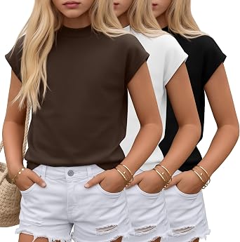 3 Pack Girls Shirts Summer Cap Sleeve Fashion Mock Turtleneck Tops Kids Loose Fit Casual 2026 Trend Tees 5-14 Y