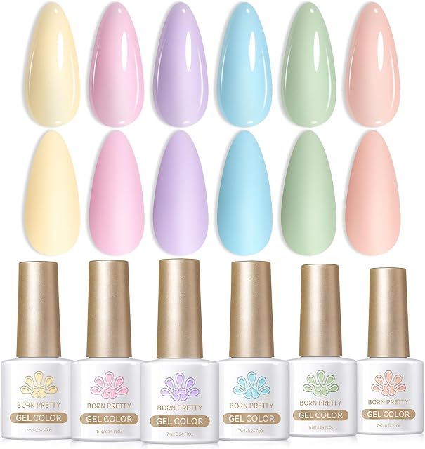 Born Pretty Pastel Gel Nail Polonais Printemps Été Macaron Candy Couleur douce Extrême Rose Jaune Violet Bleu Vert, pour la Manucure de Salon et l'art des ongles DIY à la maison, facile et lisse à appliquer, brillant brillant