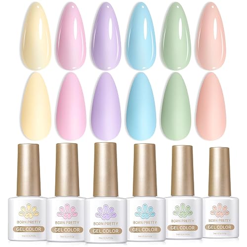 Born Pretty Pastel Gel Nail Polish Set Spring Summer Gel Polish Macaron Candy Sweet Color Gel Polish Easter Soft Pink Yellow Purple Blue Green Colors Collection Nail Art Gift Box 7ML 6PCS - Candy Paradise