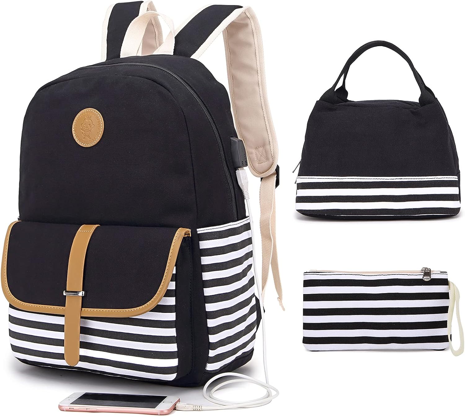 Sunborls Backpack for Teen Girls Lightweight High-capacity Middle Student Bookbag Women Backpack With Lunch bag Pencil Bags Student Bookbags 3Pcs(Black)