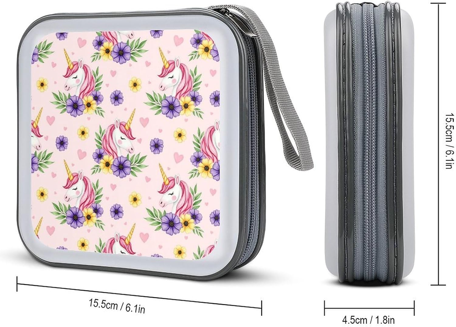 Portable DVD CD Organizer Wallet Cute Pink Unicorns, 40-Capacity Hard Case with Strap, Protective Storage Binder for Car Home image 2