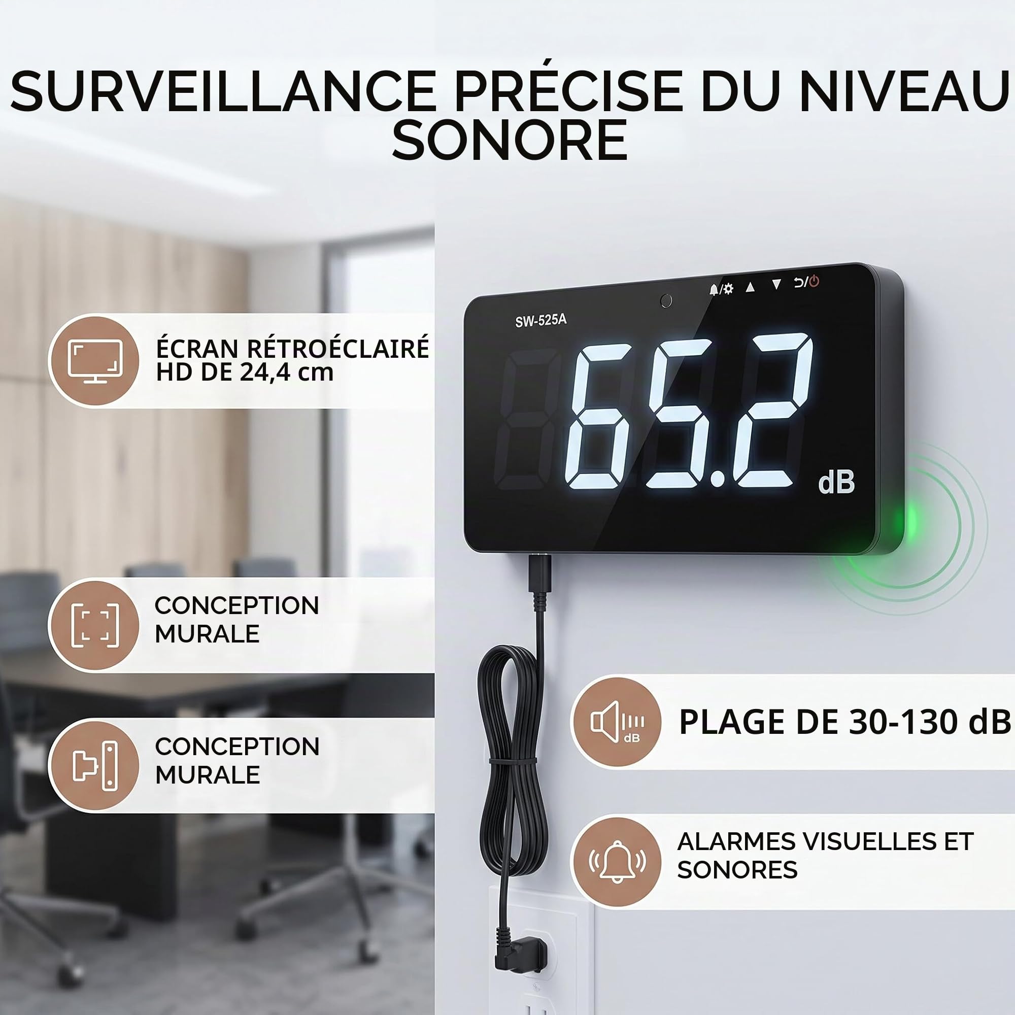 Sonomètre 30~130 DB, Grand écran LCD de 9,6 Pouces, Testeur de Mesure du Bruit en Décibels Suspendu au Mur avec Enregistreur de Données et Alarme