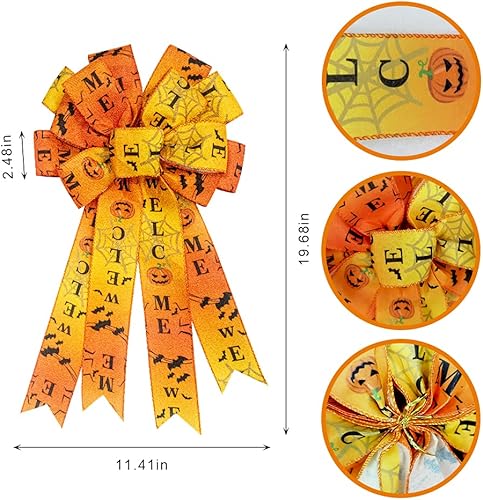 Miniatura 7 de 2 lazos de corona de Halloween, lazos a cuadros de búfalo naranja y negro para corona, lazos rústicos de truco o golosina, para puerta delantera,