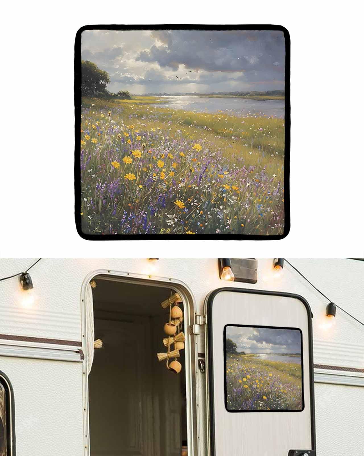 LEOKOTI RV Door Window Shade, Spring Floral Blackout RV Window Shades Foldable, Modern Oil Painting Summer Botanical Pastoral Privacy Insulation Car Covers 16