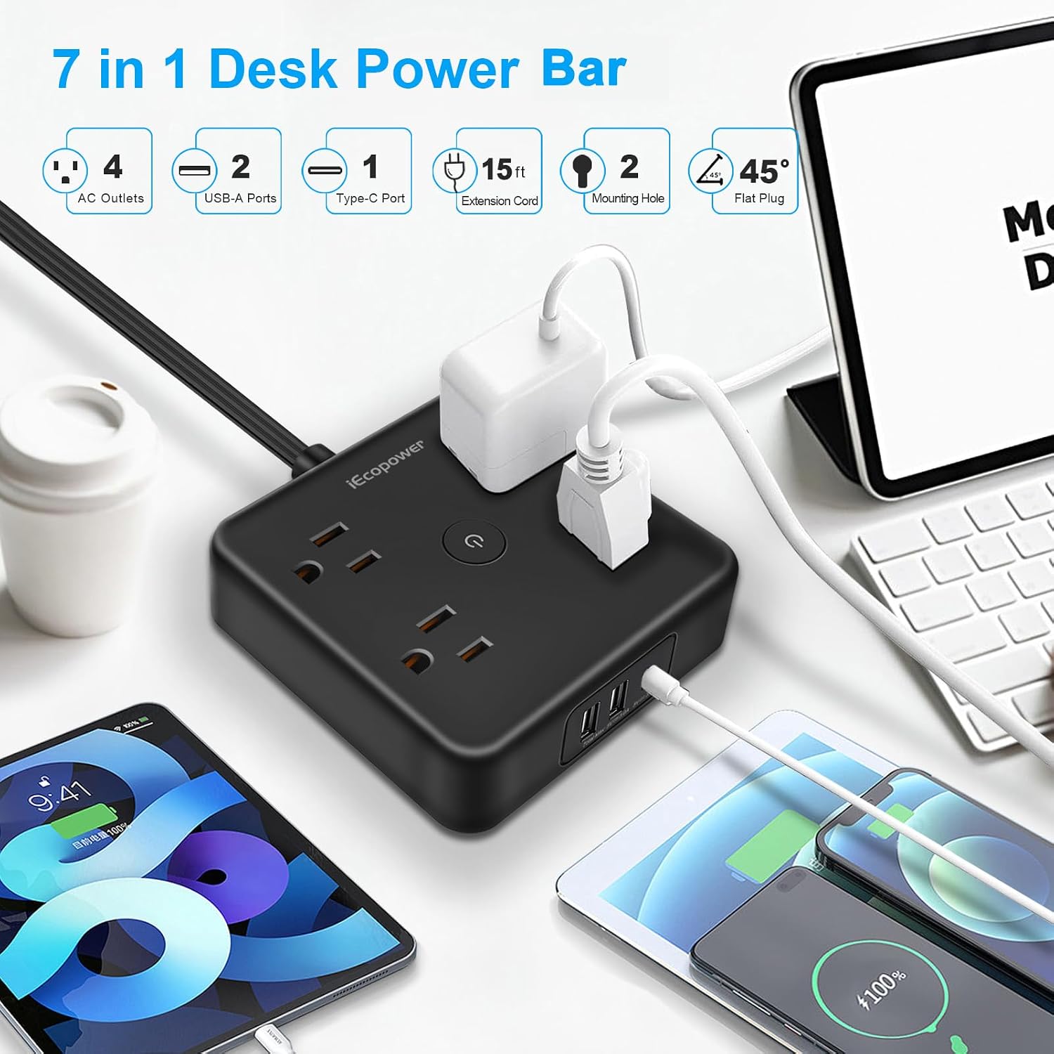Power Strip 15 ft Cord,Long Power Strip with 4 Widely Outlets, Thin Extension Cord with 3 USB Ports(1 USB C Port),Slim Desk Charging Station,Black(2 Pack) image 2